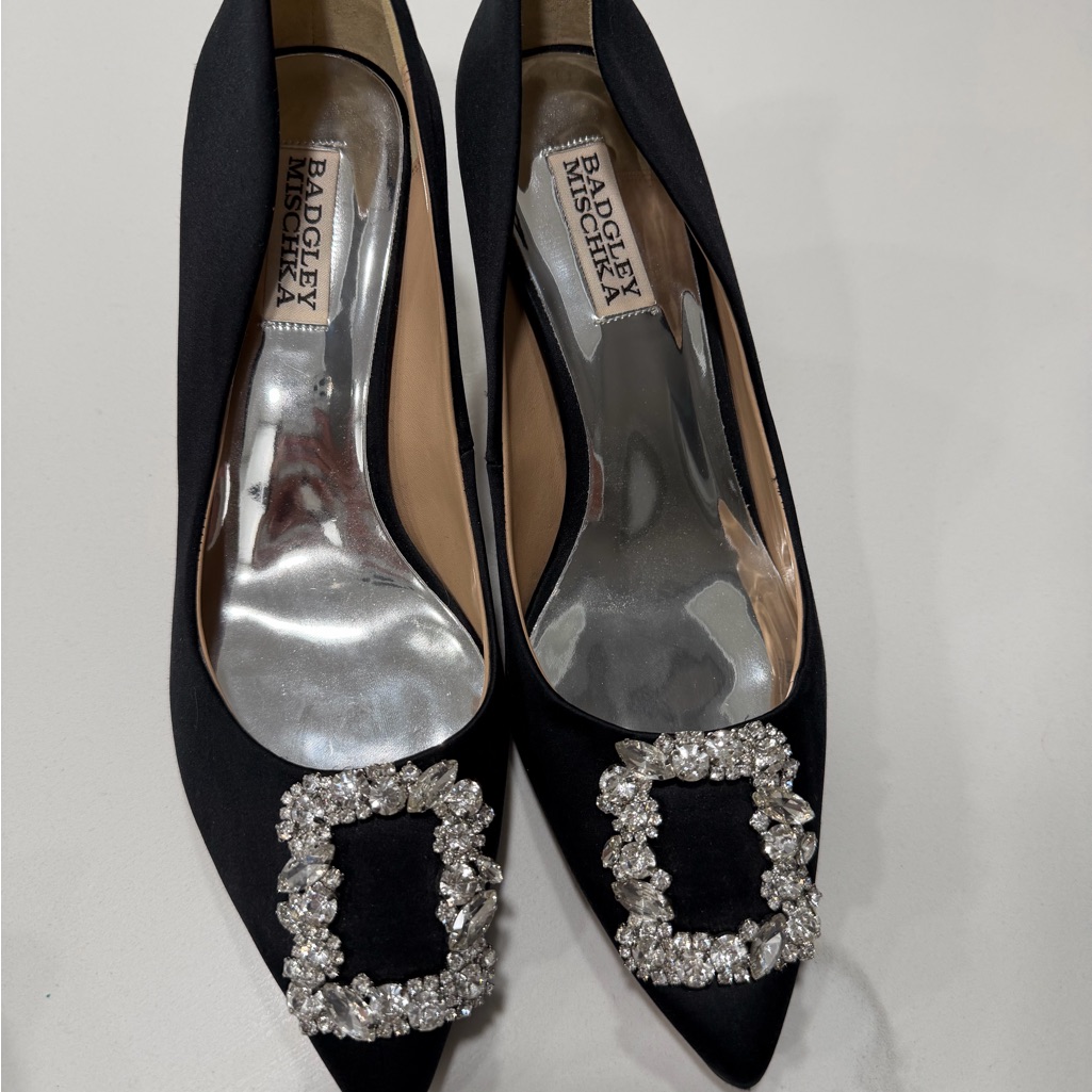 Badgley Mischka Black Satin Pointed Toe Pumps With Crystal Buckles